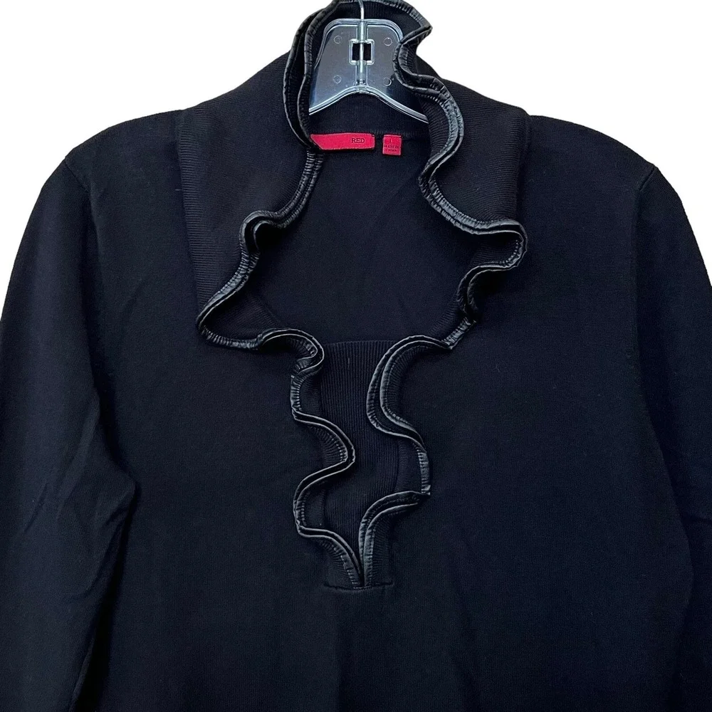 Vintage RED Sweater Women's Large Black 3/4 Sleeve Faux Leather Trim Boho